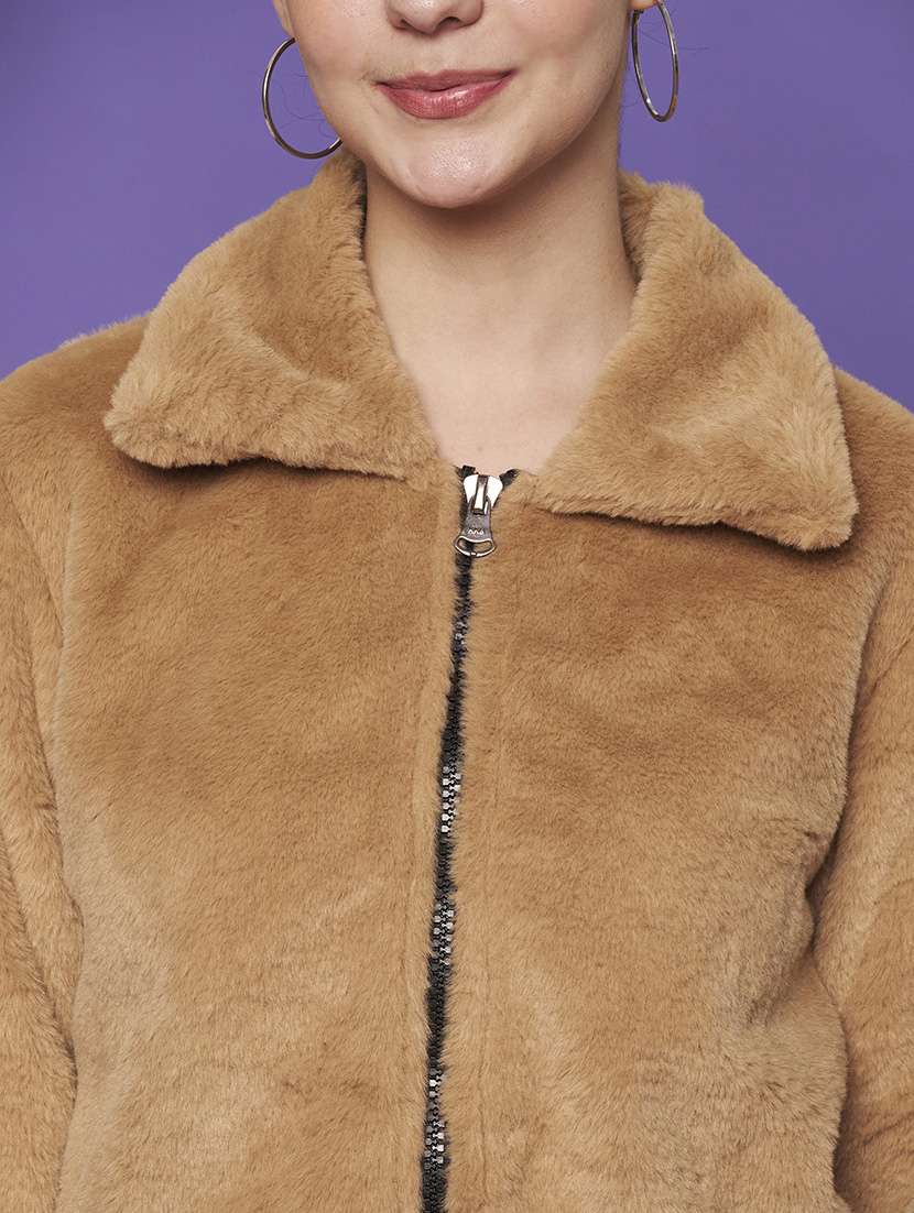 women solid collared long sleeve fur jacket - 22265143 -  Standard Image - 6