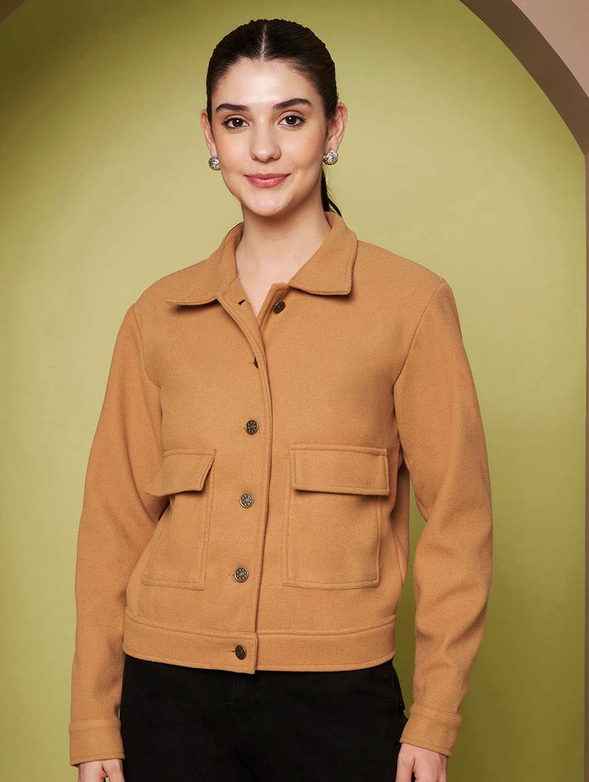 women solid collared long sleeve shacket