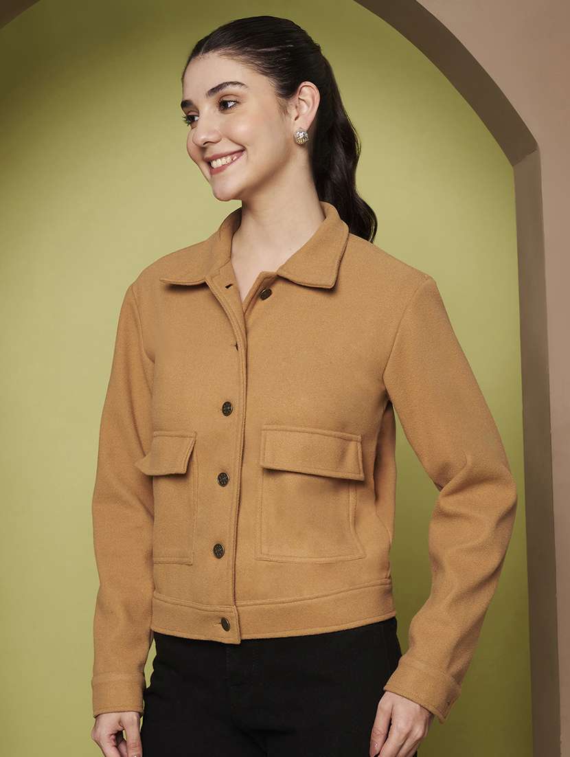 women solid collared long sleeve shacket - 22265144 -  Standard Image - 1