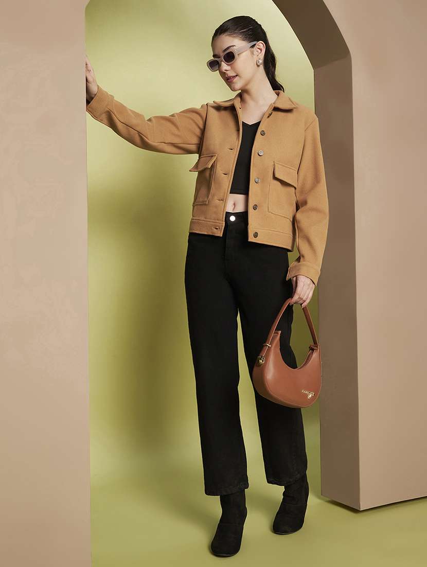 women solid collared long sleeve shacket - 22265144 -  Standard Image - 4