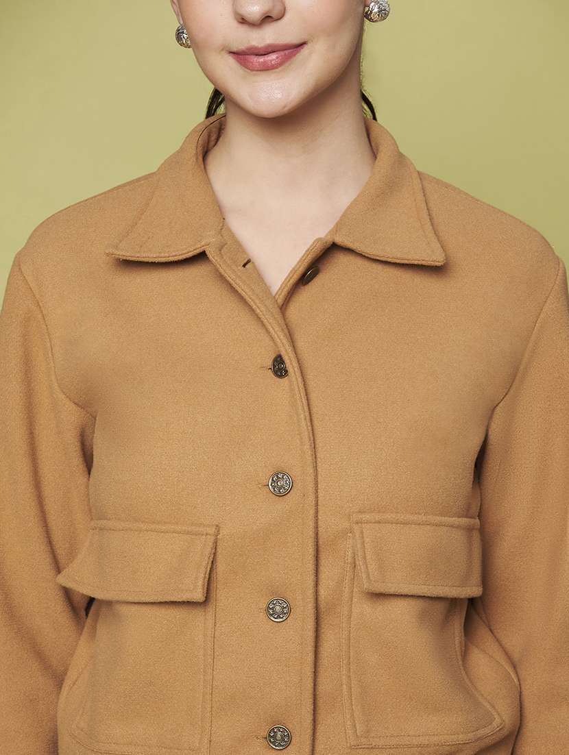 women solid collared long sleeve shacket - 22265144 -  Standard Image - 6