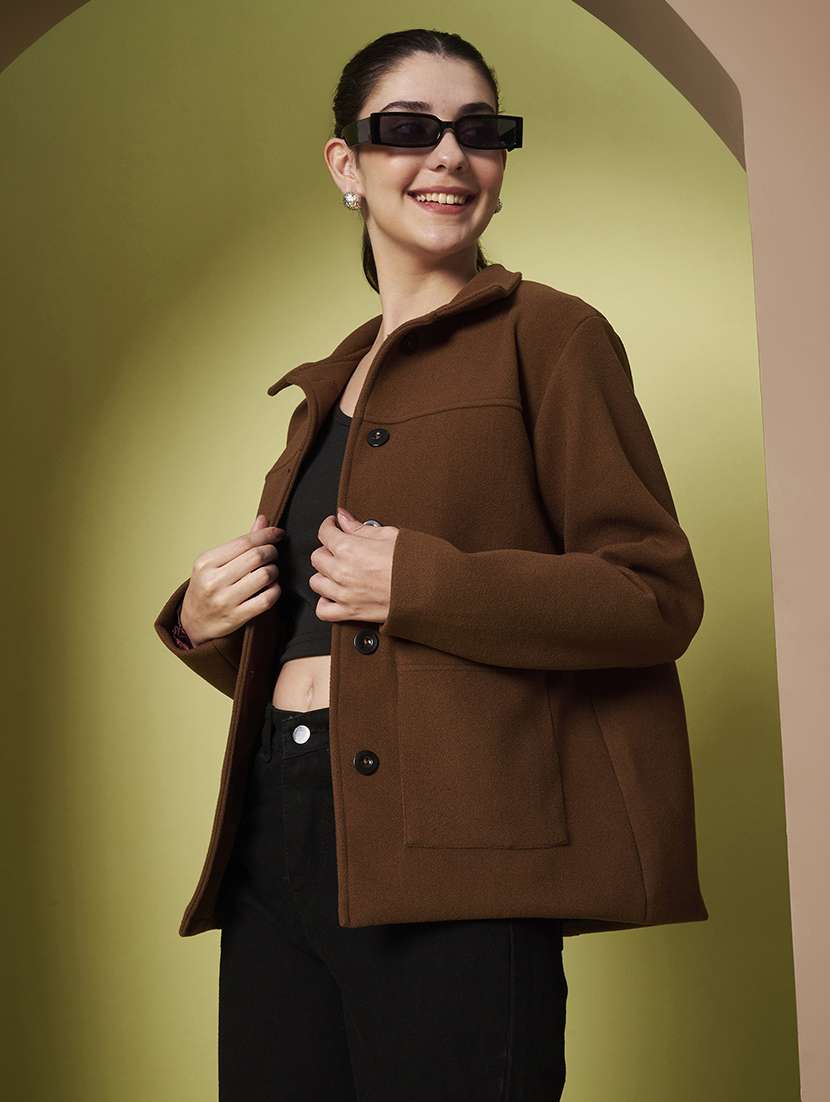 women solid collared long sleeve regular coat - 22265145 -  Standard Image - 1