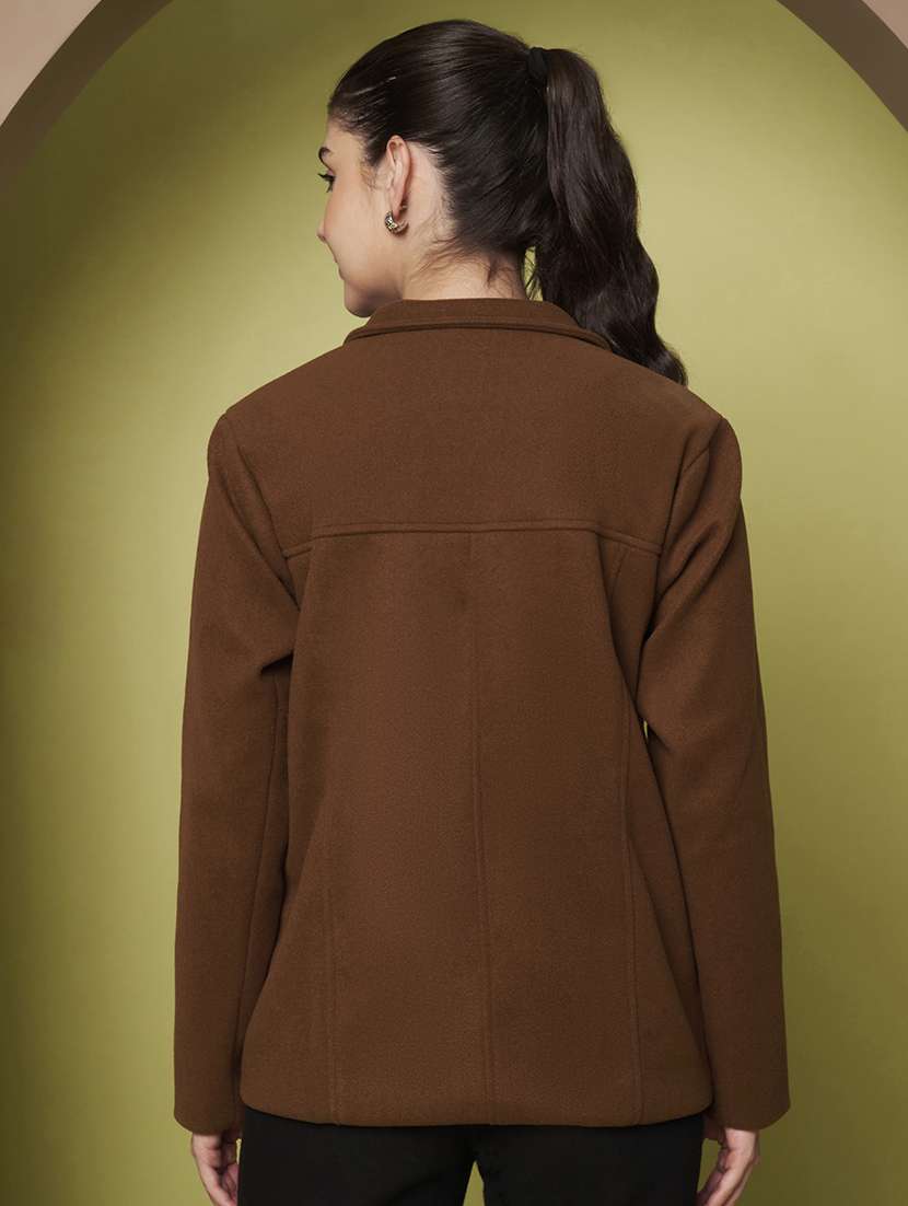 women solid collared long sleeve regular coat - 22265145 -  Standard Image - 4