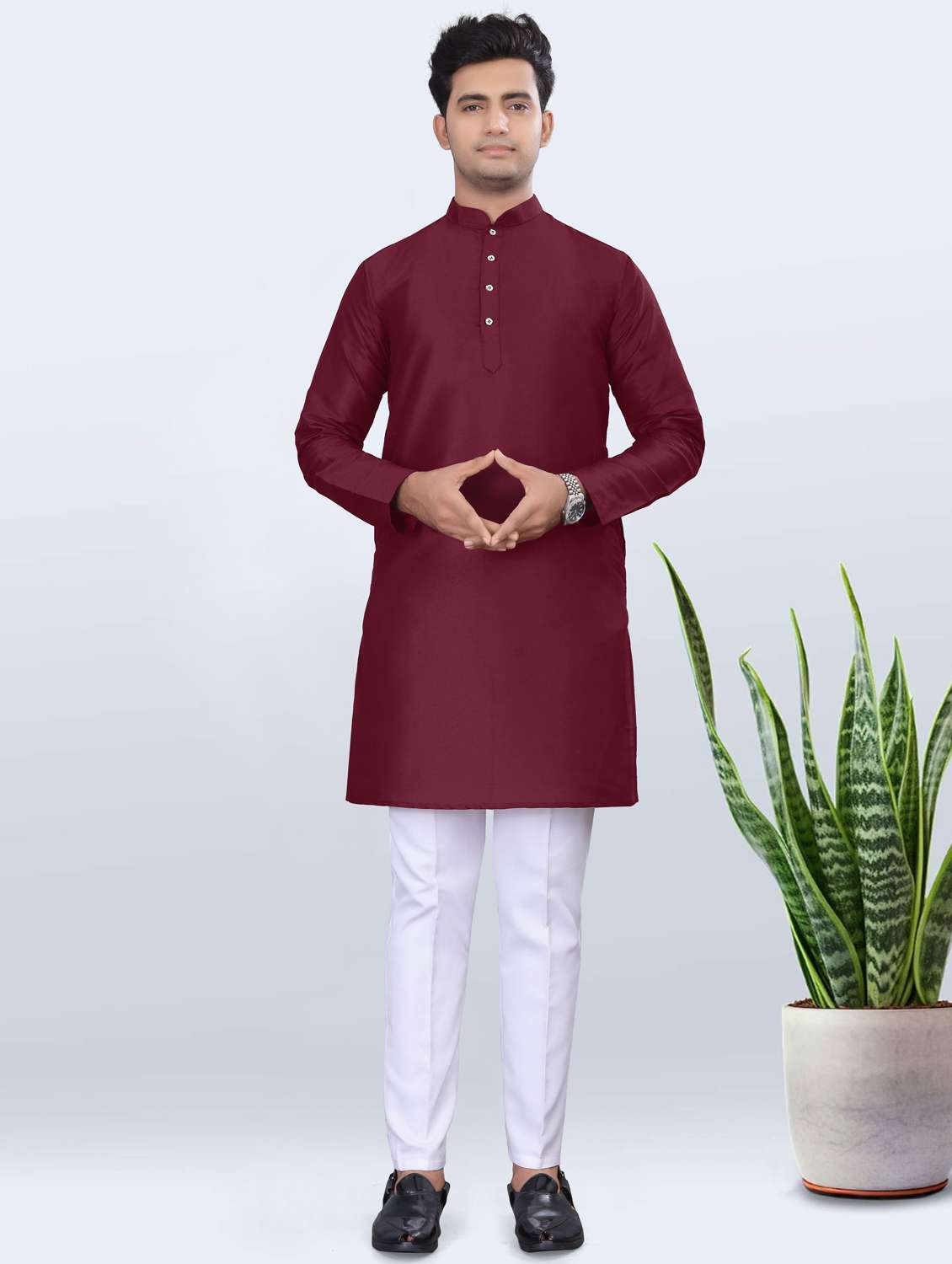 men solid mandarin neck long kurta - 22265475 -  Standard Image - 1