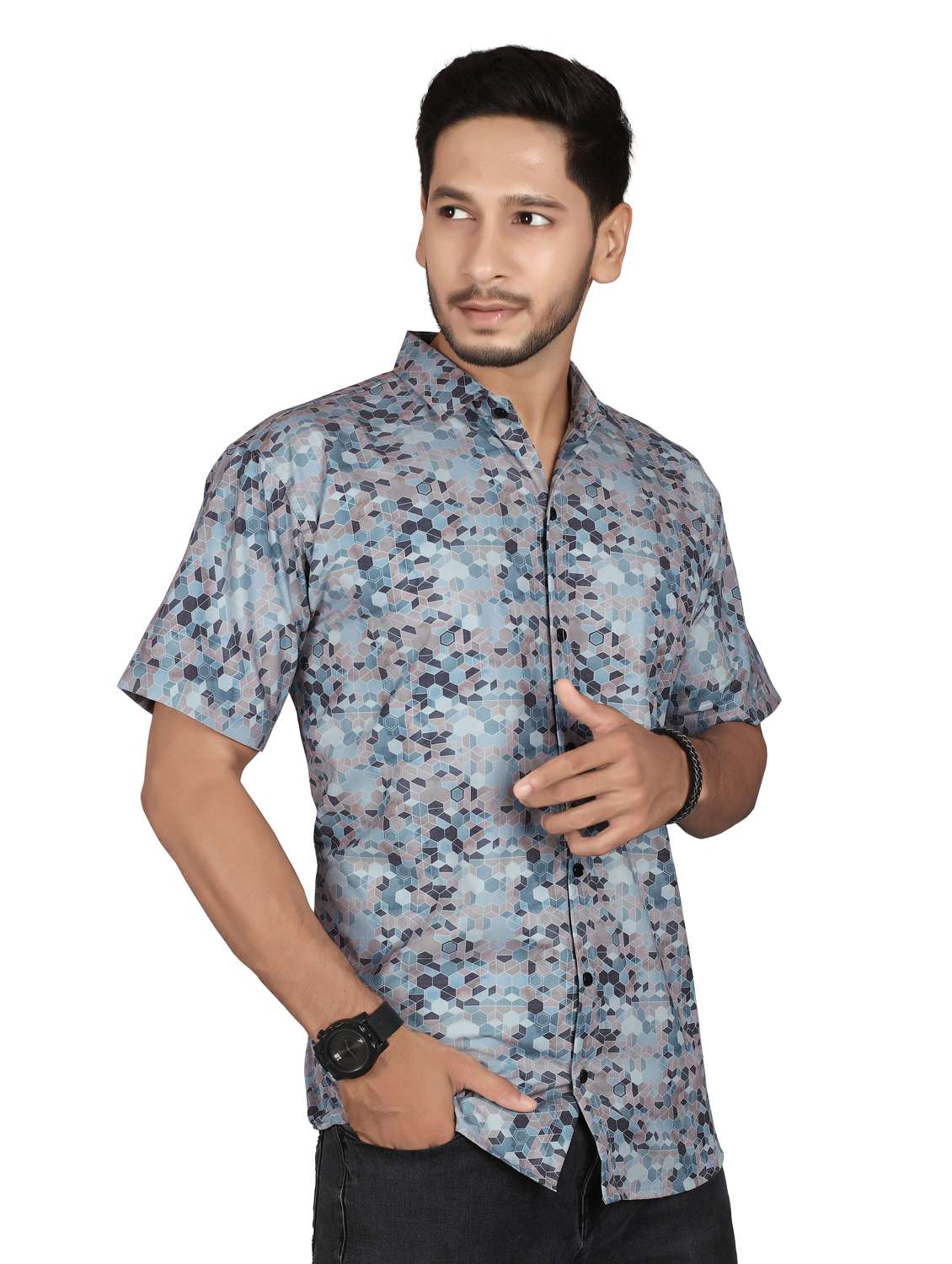 men geometric short sleeve regualr fit casual shirt - 22265502 -  Standard Image - 1