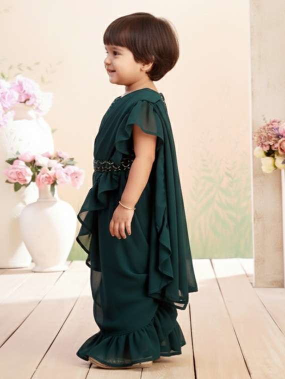 girls solid ruffle pre draped saree - 22265752 -  Standard Image - 1