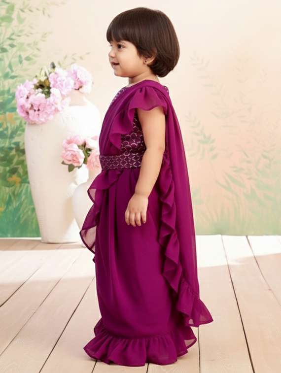 girls solid ruffle pre draped saree - 22265753 -  Standard Image - 1