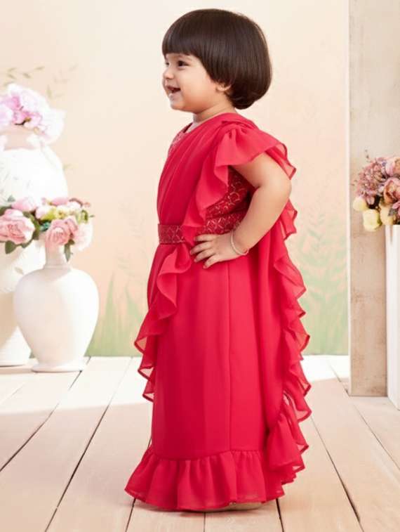 girls solid ruffle pre draped saree - 22265754 -  Standard Image - 1