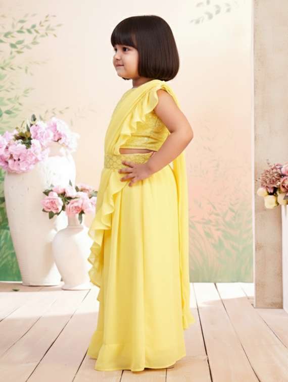 girls solid ruffle pre draped saree - 22265755 -  Standard Image - 1
