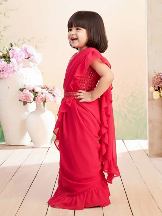 girls solid ruffle pre draped saree - 22265756 -  Standard Image - 1