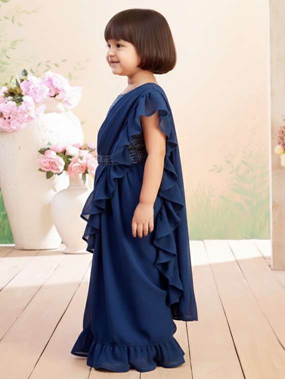 girls solid ruffle pre draped saree - 22265757 -  Standard Image - 1