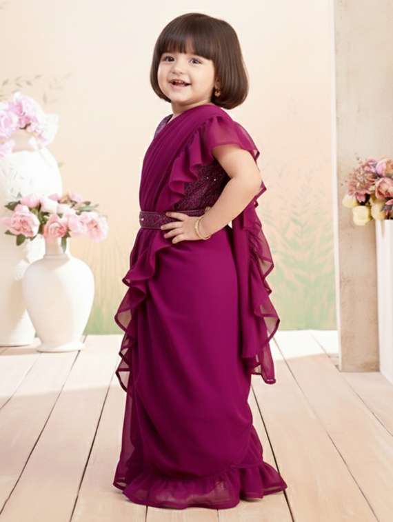 girls solid ruffle pre draped saree - 22265758 -  Standard Image - 1