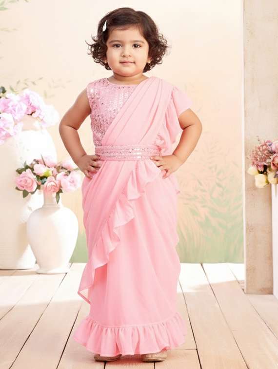 girls solid ruffle pre draped saree