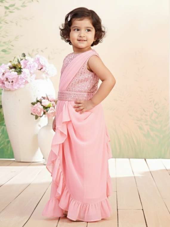girls solid ruffle pre draped saree - 22265760 -  Standard Image - 1
