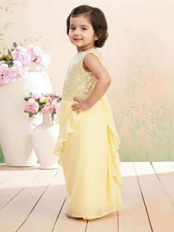 girls solid ruffle pre draped saree - 22265761 -  Standard Image - 1