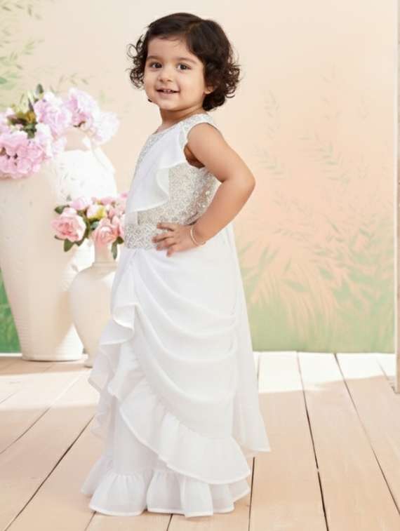 girls solid ruffle pre draped saree - 22265762 -  Standard Image - 1