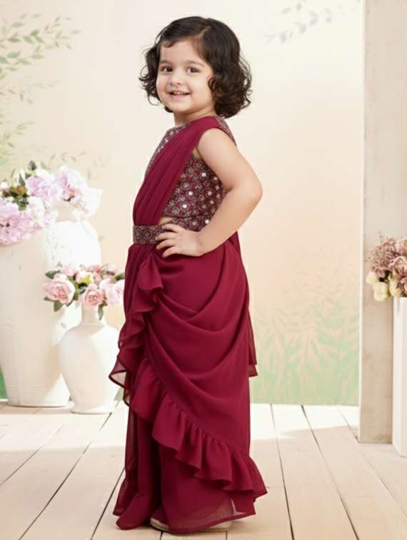 girls solid ruffle pre draped saree - 22265763 -  Standard Image - 1