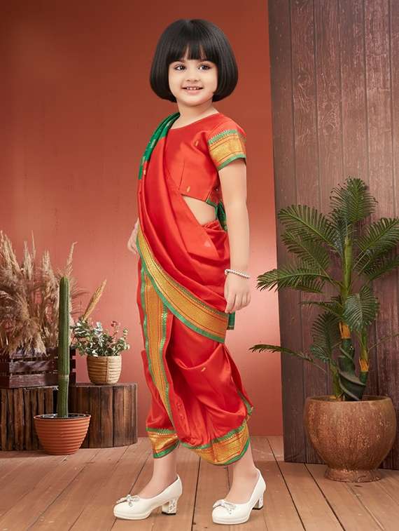 girls solid bordered ready to wear nauvari saree - 22265770 -  Standard Image - 1