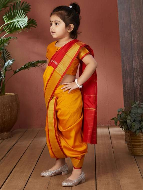 girls solid bordered ready to wear nauvari saree - 22265771 -  Standard Image - 1