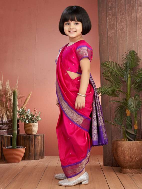 girls solid bordered ready to wear nauvari saree - 22265774 -  Standard Image - 1