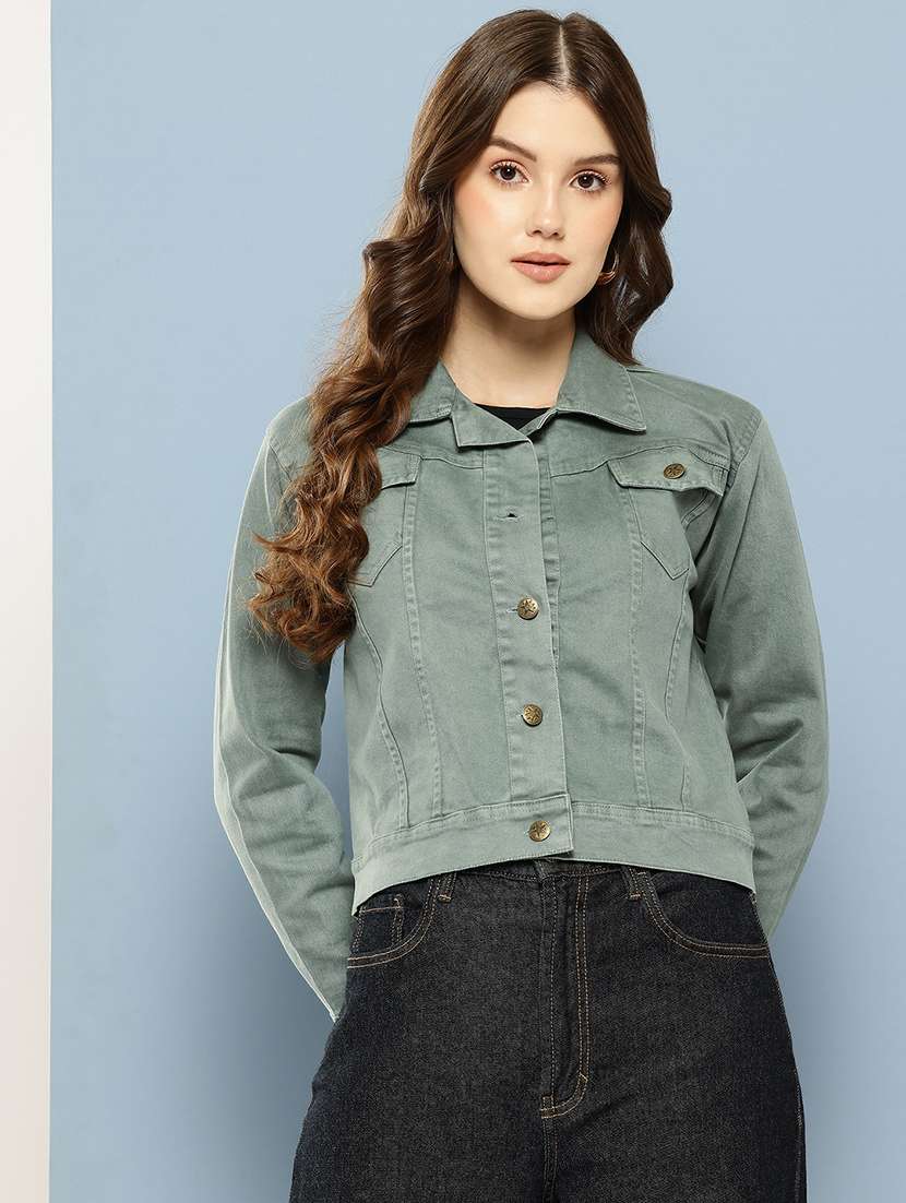 women solid long sleeve denim jacket