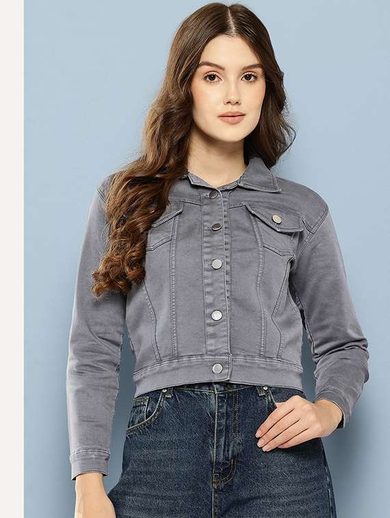 women solid long sleeve denim jacket