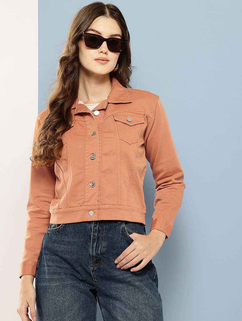 women solid long sleeve denim jacket
