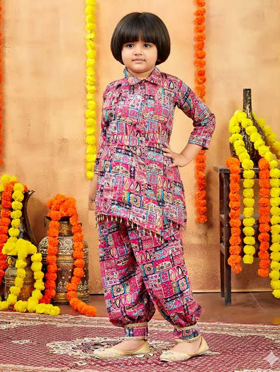 girls printed collared kurta and salwar set  - 22265850 -  Standard Image - 1