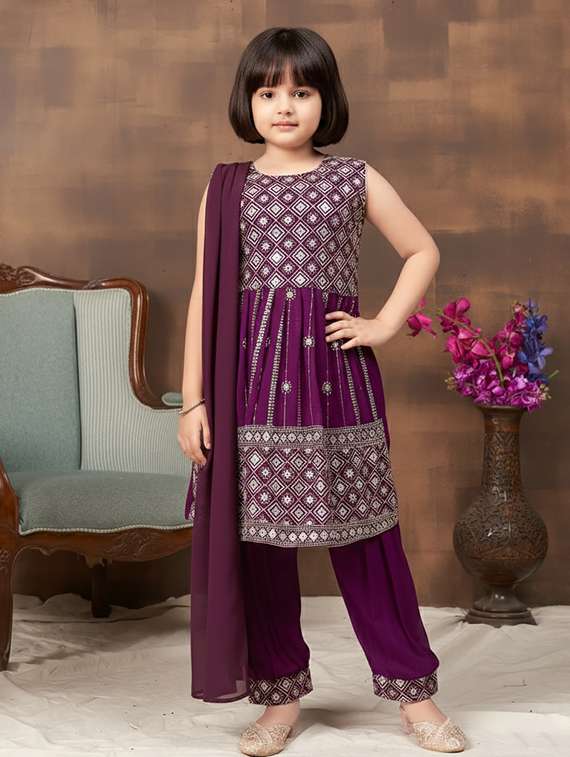 girls embroidered kurta and pant set with dupatta