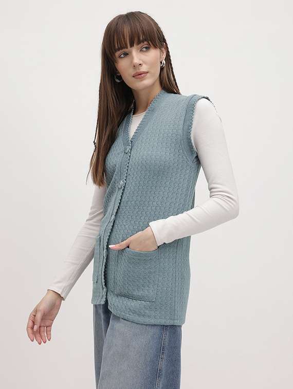 women self designed sleeveeless cardigan - 22265879 -  Standard Image - 1
