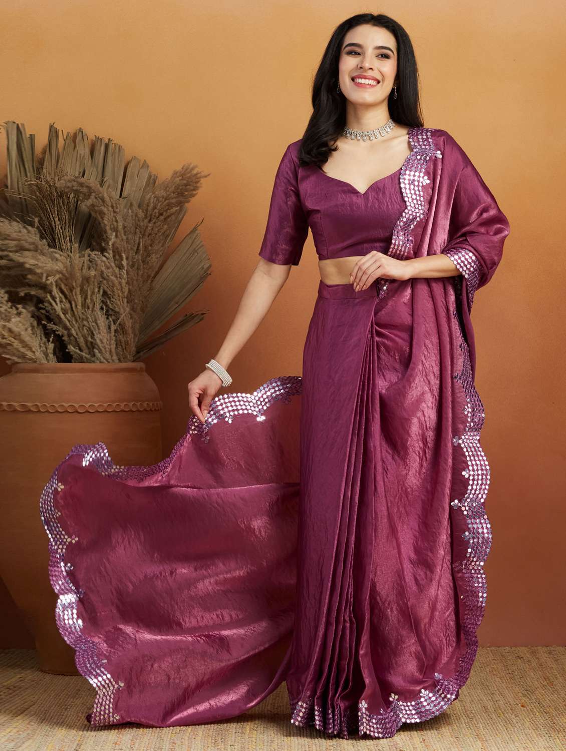 women solid with bordered ready to wear saree with blouse