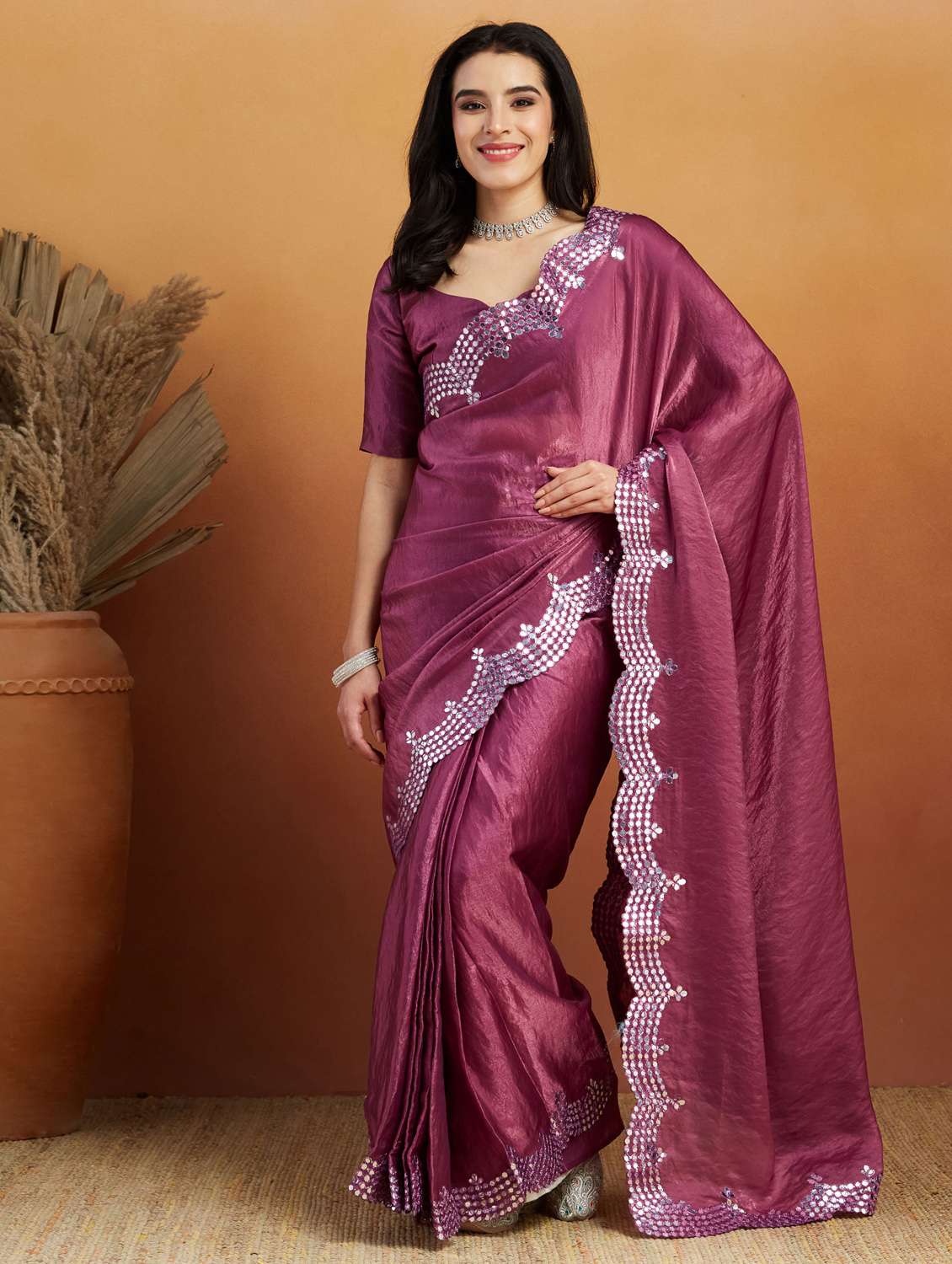 women solid with bordered ready to wear saree with blouse - 22265904 -  Standard Image - 1