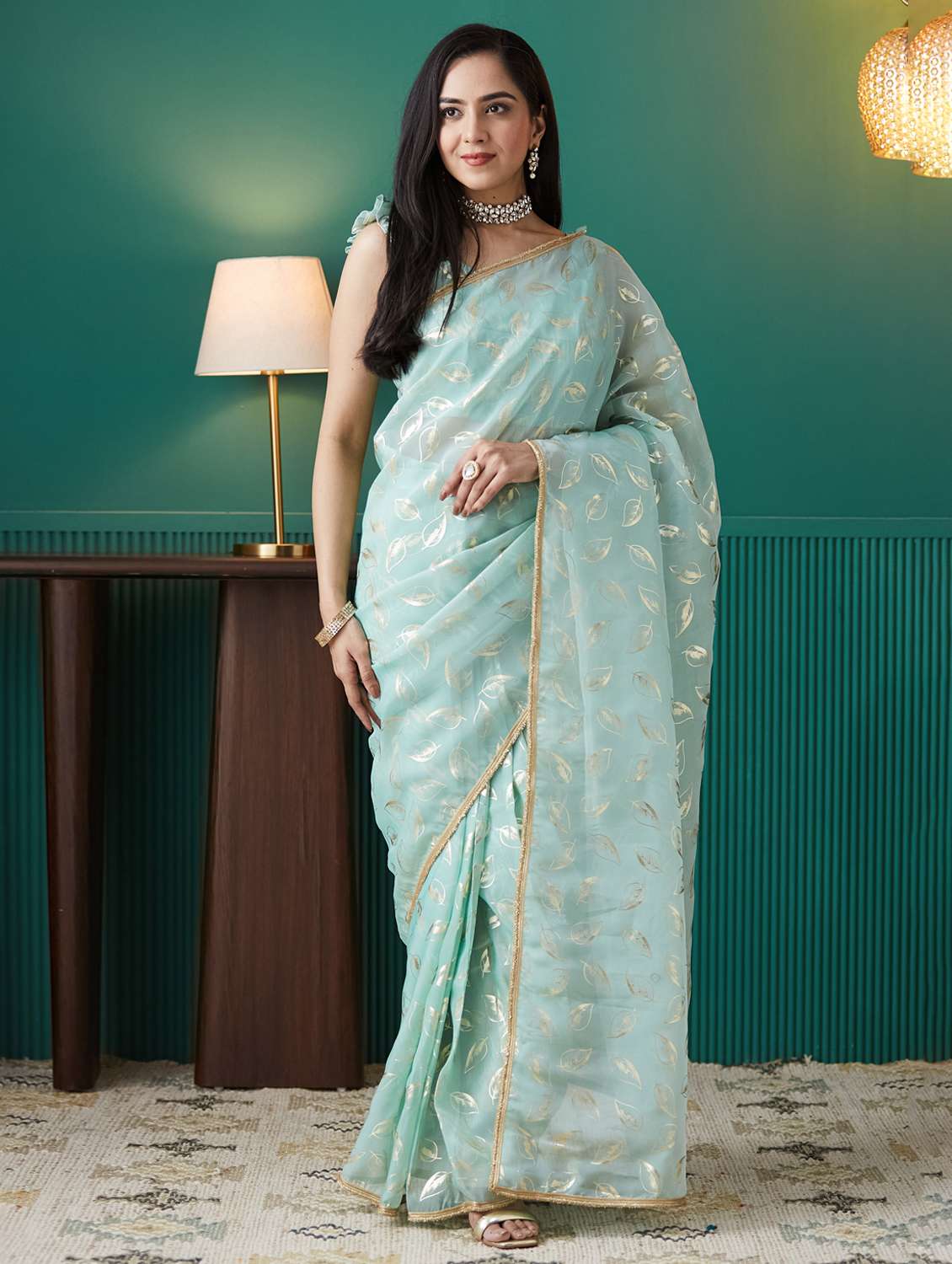 women foil printed saree with blouse