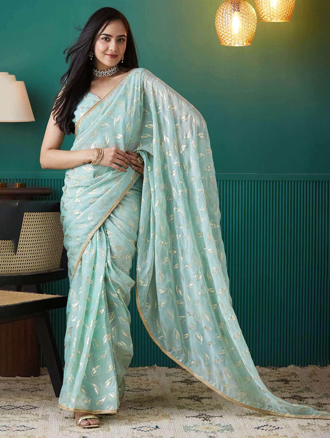 women foil printed saree with blouse - 22265908 -  Standard Image - 1