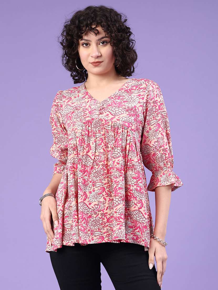 women floral puff sleeve flared tunic
