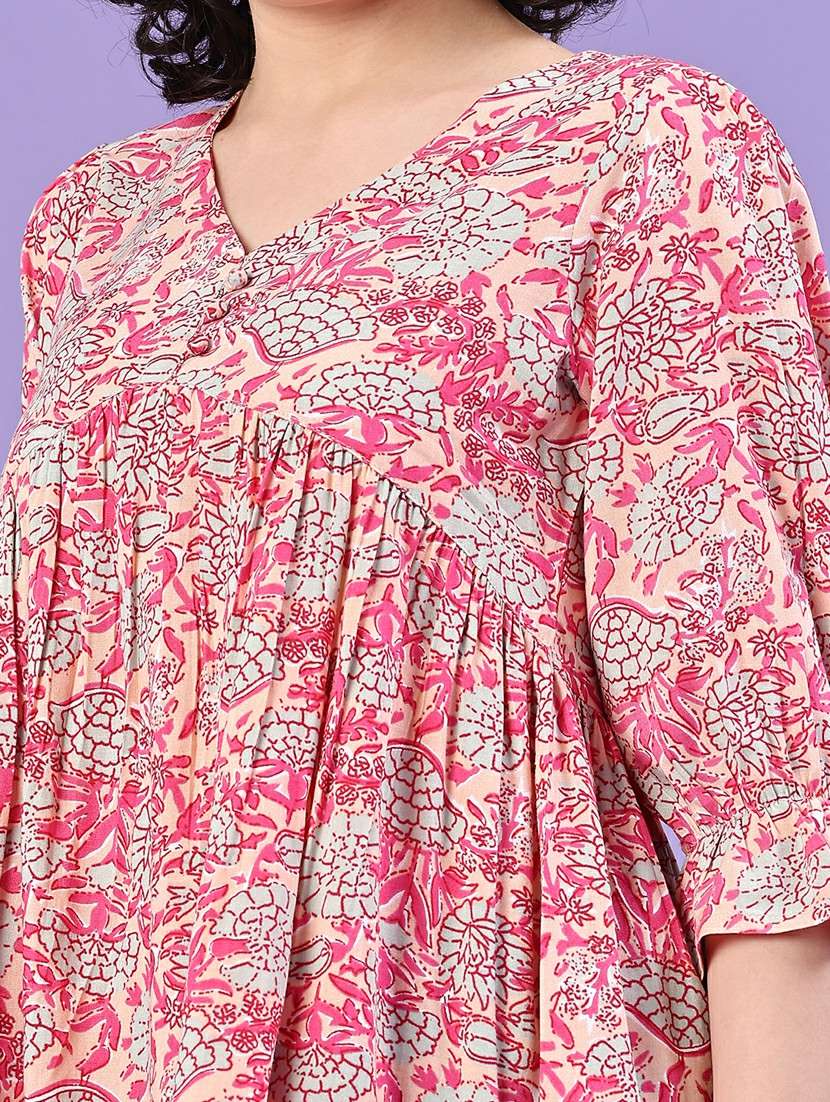 women floral puff sleeve flared tunic - 22266153 -  Standard Image - 1