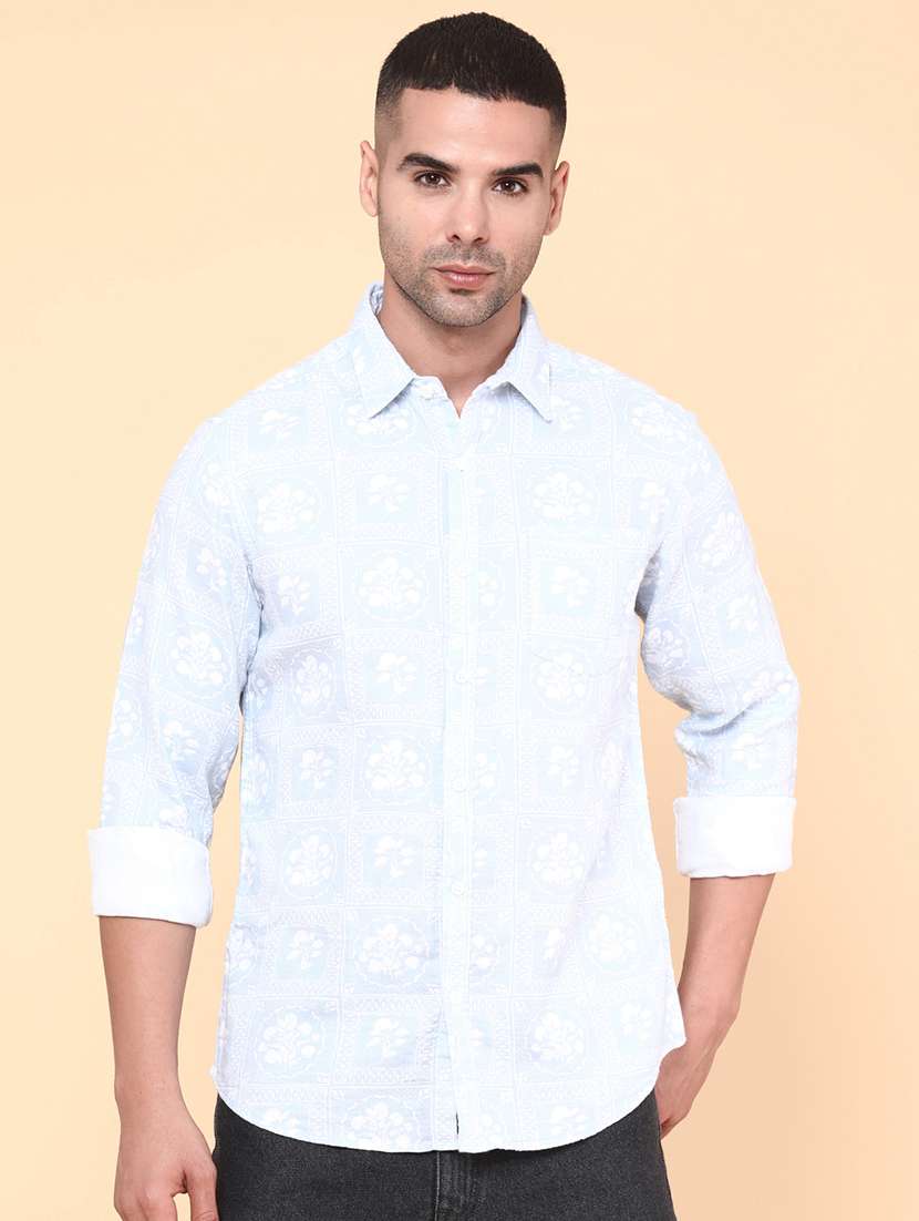 men blue cotton casual shirt