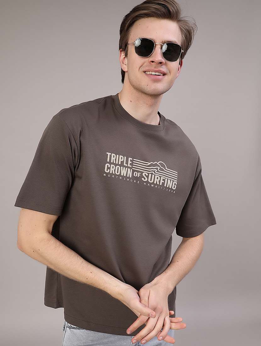 grey cotton blend front print tshirt