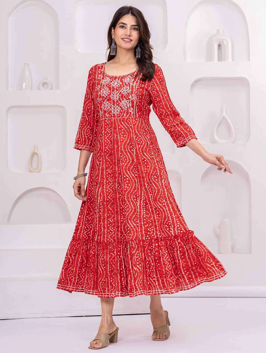 women bandhani three quarter sleeve tiered ethnic dress - 22266713 -  Standard Image - 1