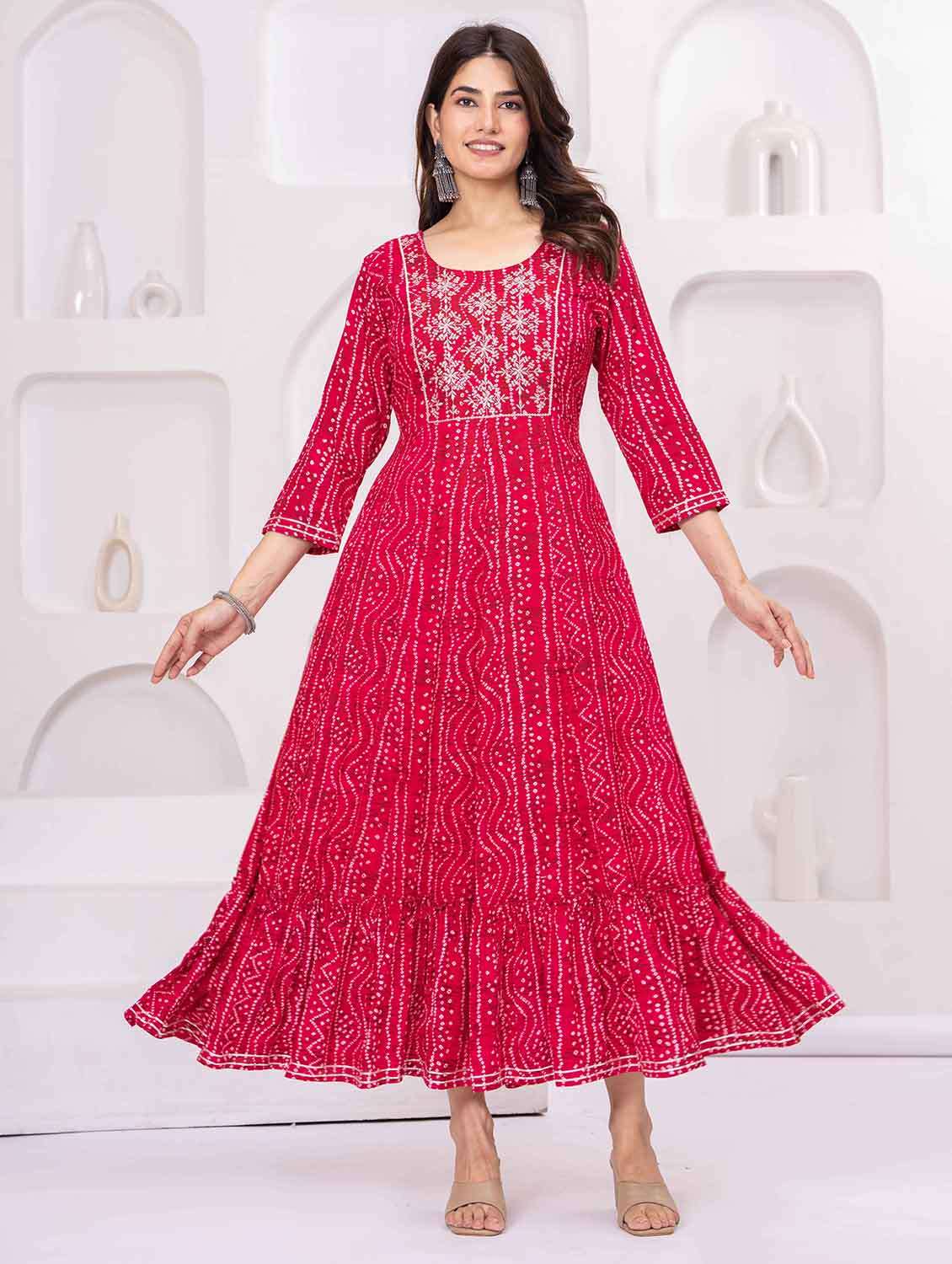 women bandhani three quarter sleeve tiered ethnic dress