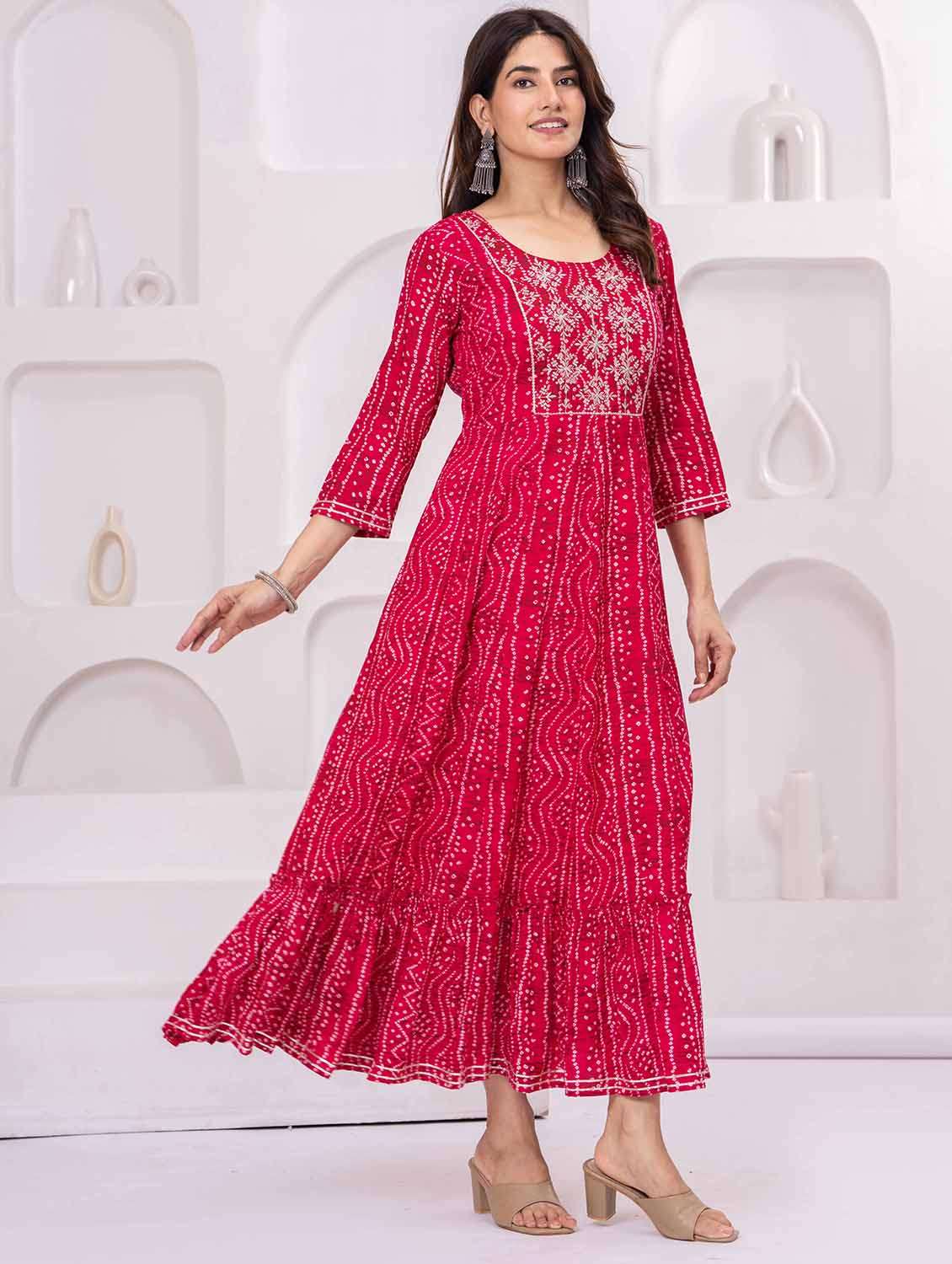 women bandhani three quarter sleeve tiered ethnic dress - 22266714 -  Standard Image - 1