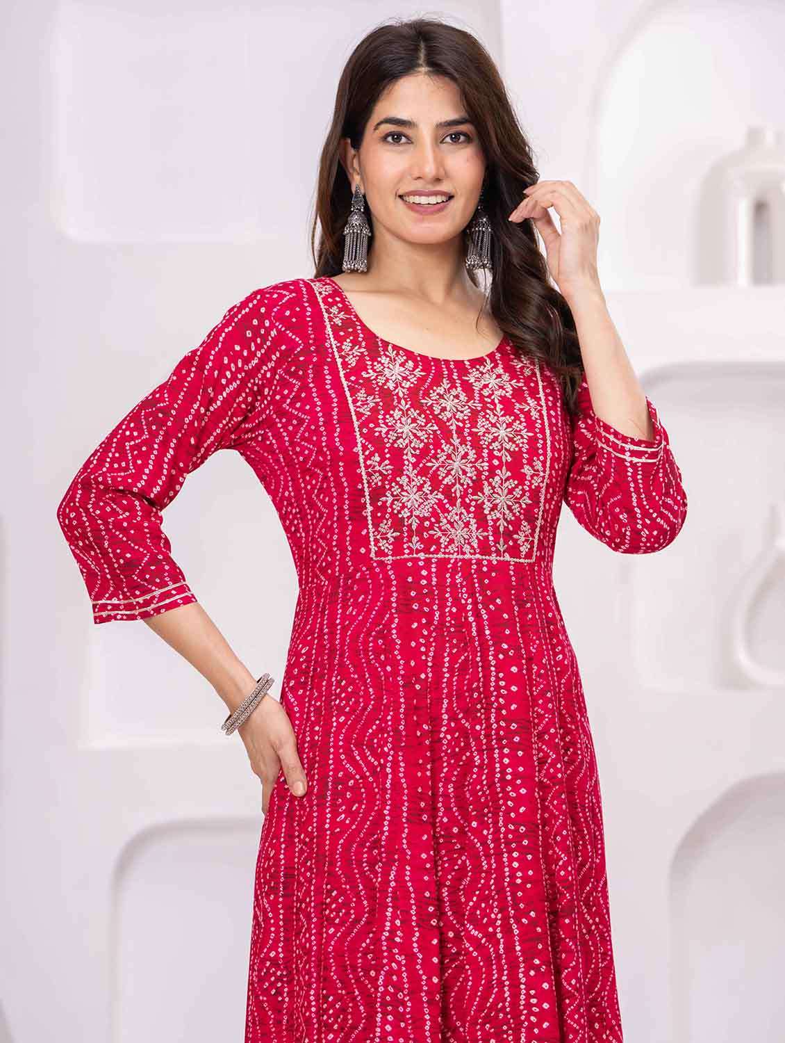 women bandhani three quarter sleeve tiered ethnic dress - 22266714 -  Standard Image - 4