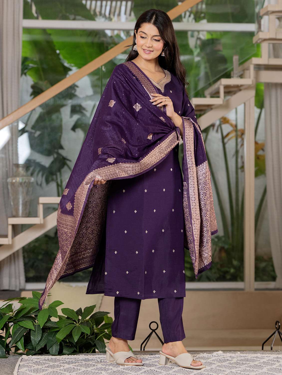 women solid with work three quarter sleeve kurta pant with dupatta set - 22266758 -  Standard Image - 1
