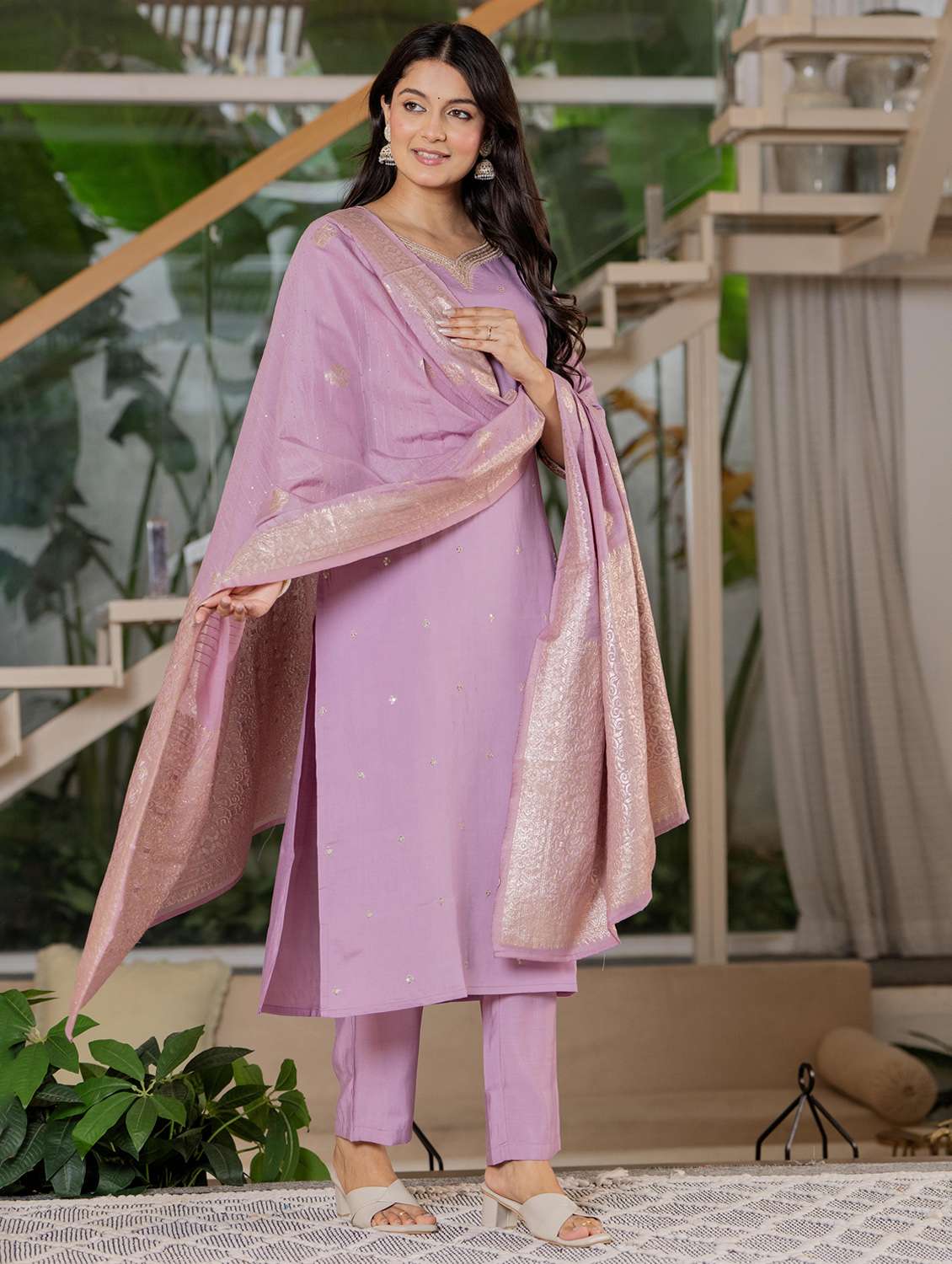 women solid with work three quarter sleeve kurta pant with dupatta set - 22266759 -  Standard Image - 1