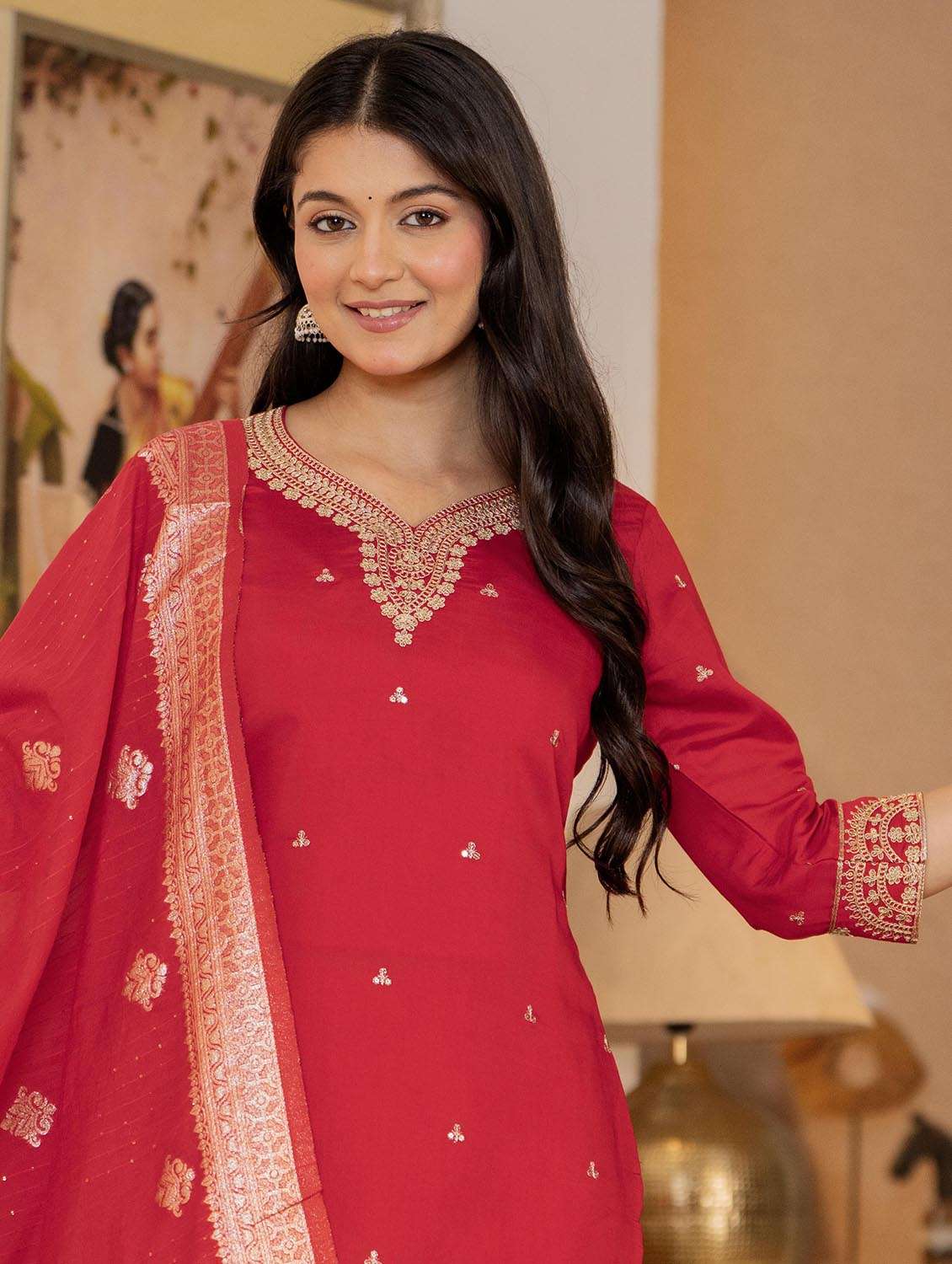 women solid with work three quarter sleeve kurta pant with dupatta set - 22266760 -  Standard Image - 1