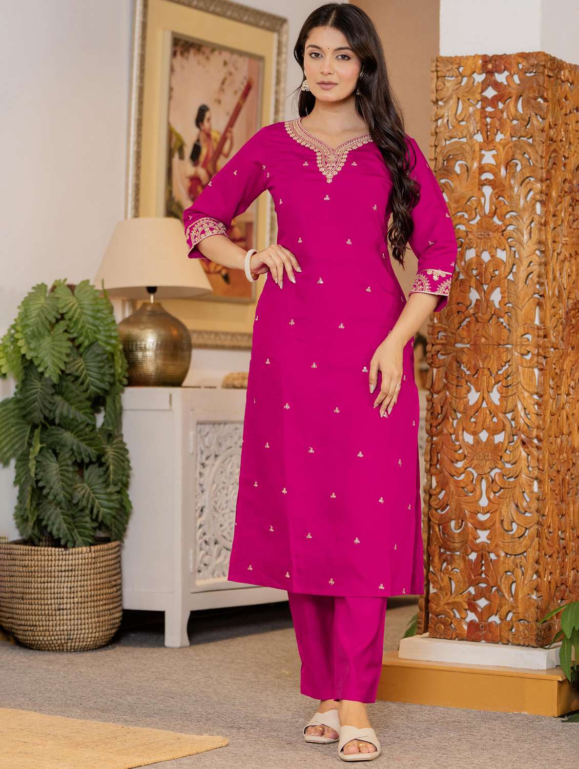 women solid with work three quarter sleeve kurta pant with dupatta set - 22266762 -  Standard Image - 1