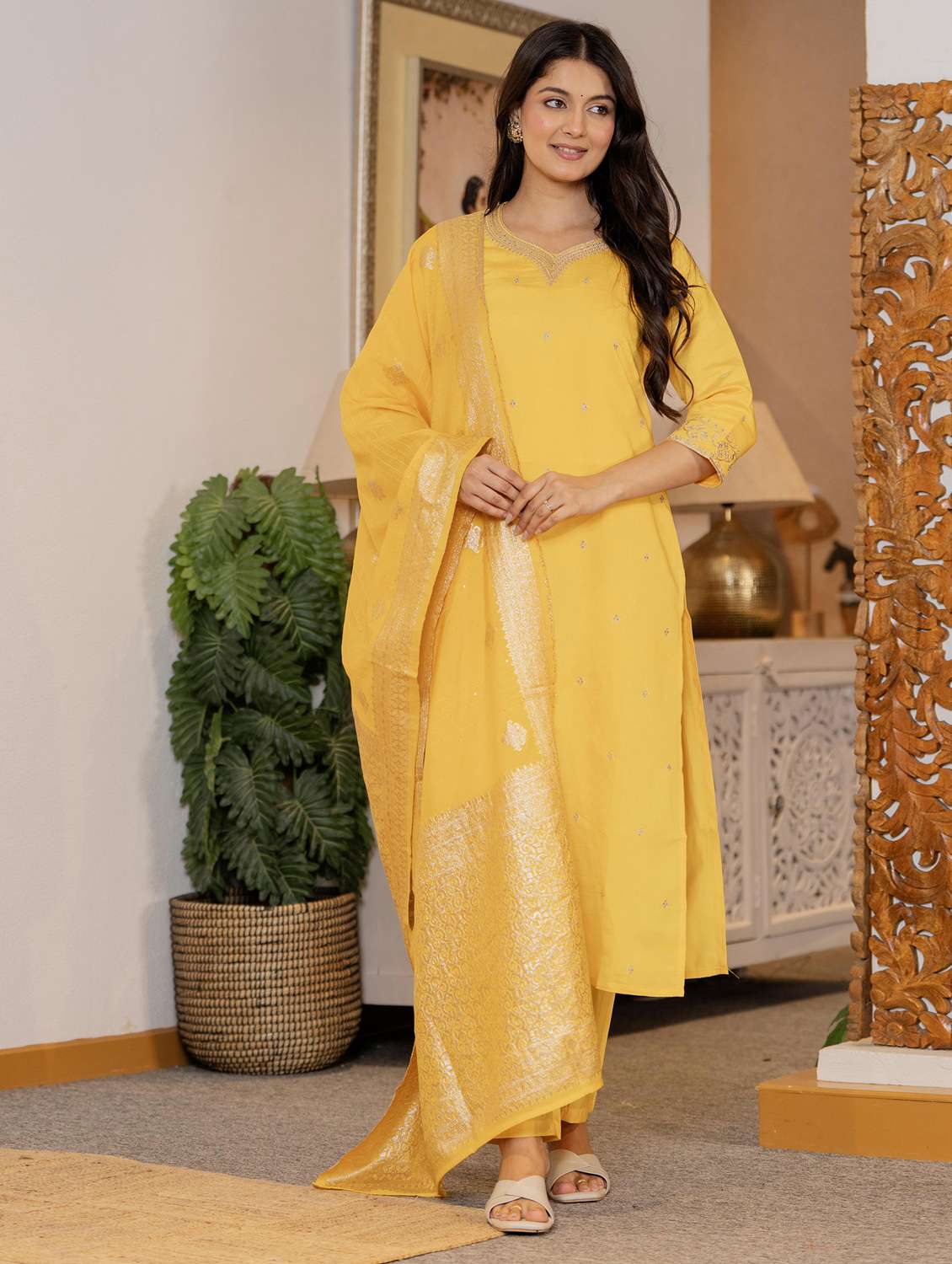 women solid with work three quarter sleeve kurta pant with dupatta set - 22266763 -  Standard Image - 1