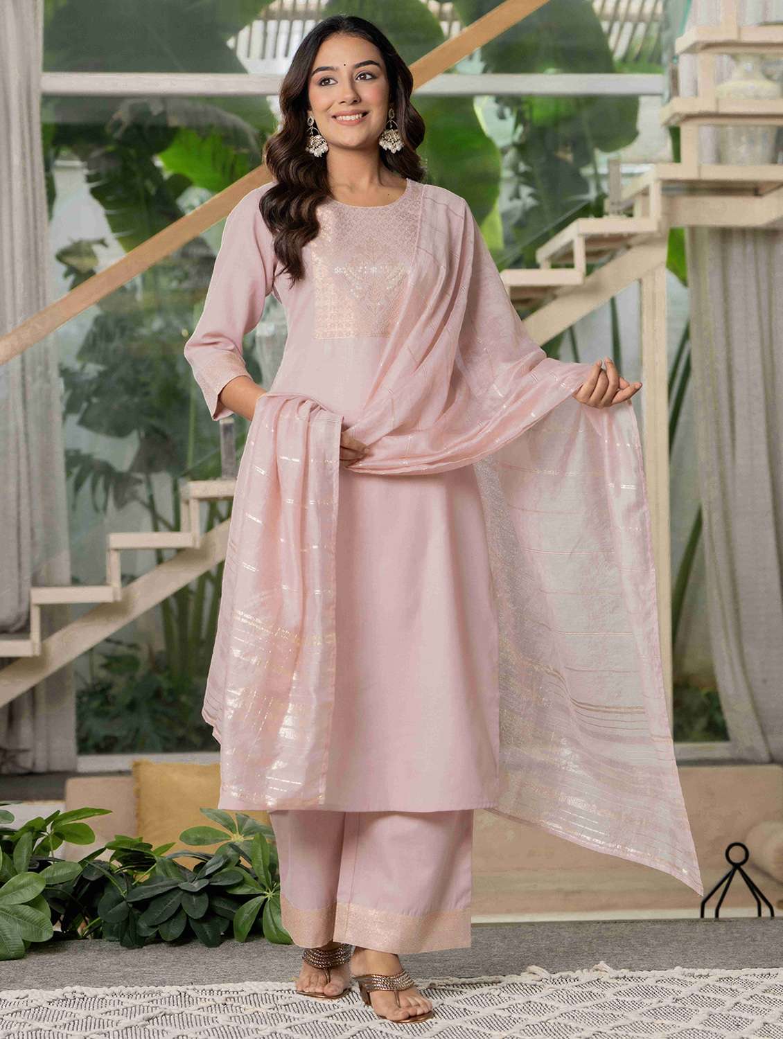 women self design three quarter sleeve kurta palazzo with dupatta set - 22266769 -  Standard Image - 1