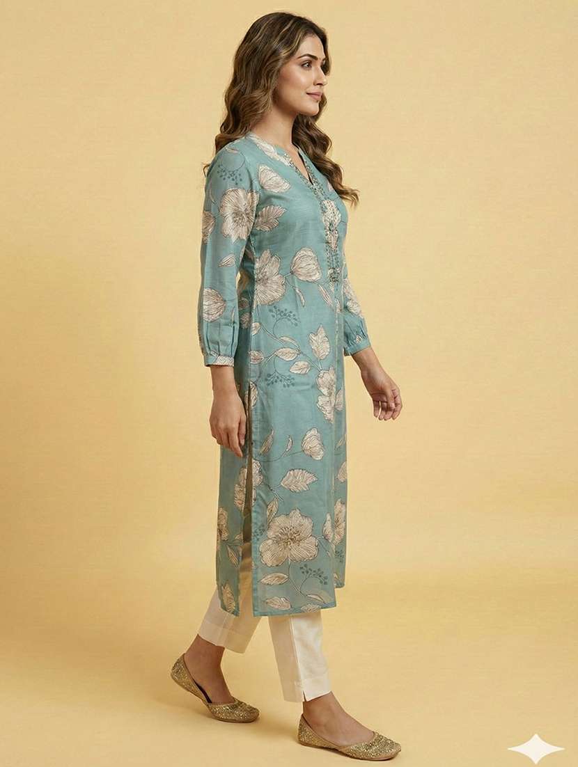 women printed puff sleeve kurta and pant set - 22267634 -  Standard Image - 1