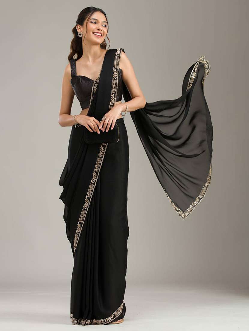 women solid with embellished bordered saree with blouse
